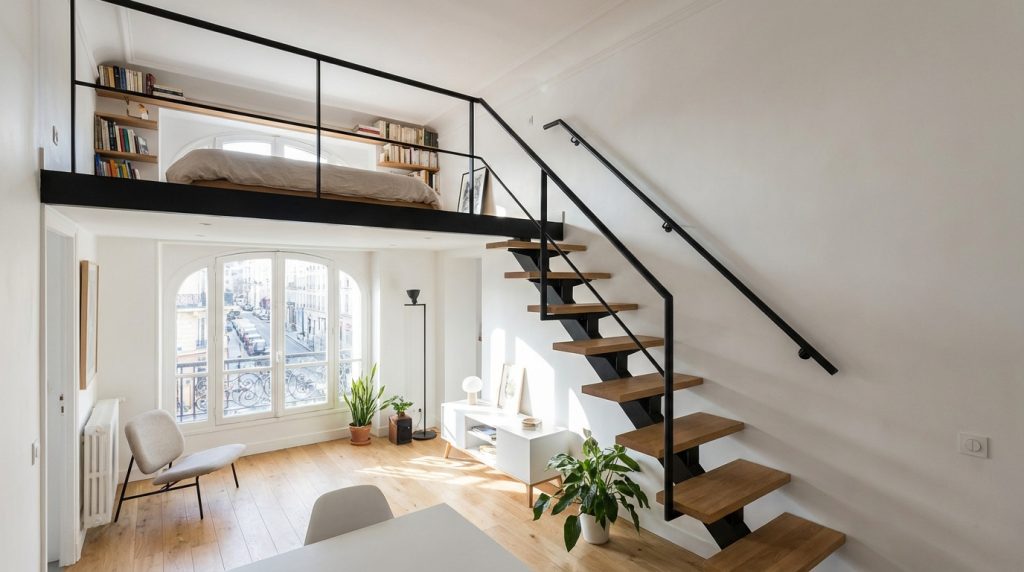 découvrez comment l'escalier à pas japonais optimise l'espace en permettant de monter à l'étage sans sacrifier de surface au sol, une solution à la fois pratique et élégante.